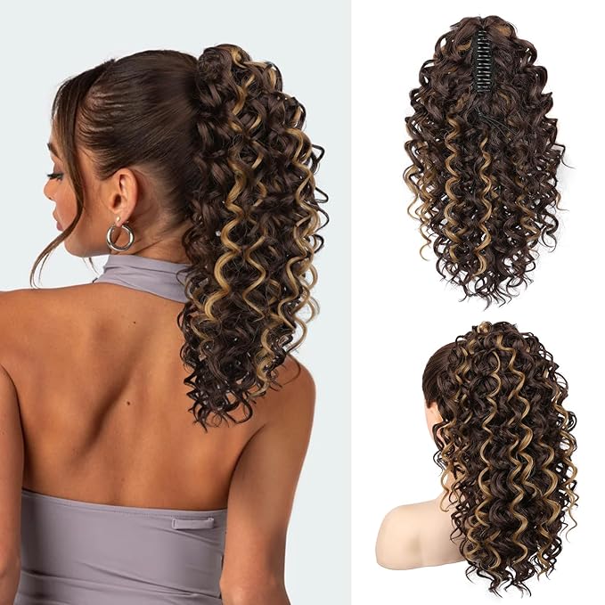 SEIKEA Ponytail Extension, 18" Claw Clip Ponytail Extension Wavy Curly Jaw Clip in Ponytail Hair Extensions Fluffy Natural Soft Fake Pony Tails Synthetic Hairpiece Chocolate Brown/Caramel Blonde