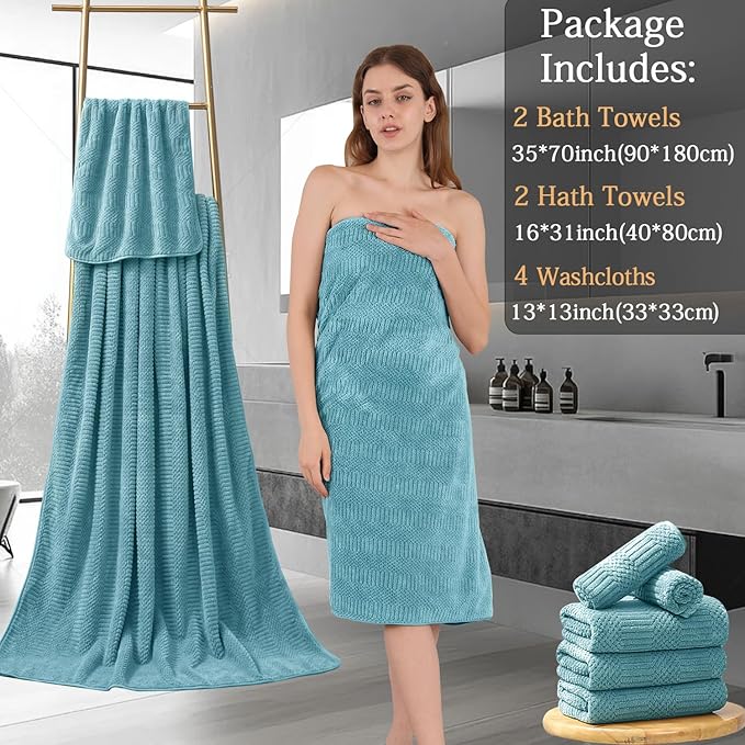 8 Piece Bath Towel Set-2 Oversized Bath Sheets(35"x70"),2 Hand Towels,4 Washcloths-Extra Large Microfiber Towel Sets,Less Lint Highly Absorbent & Quick Dry Bath Towels for Bathroom Gym Pool,Turquoise