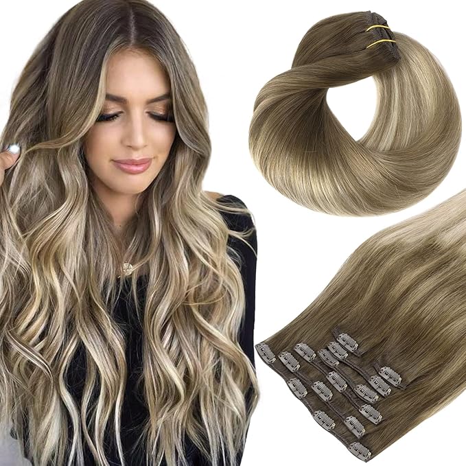 HOTBANANA Human Hair Clip in Hair Extensions, Ombre Walnut Brown to Ash Brown and Bleach Blonde 130g Clip in Hair Extensions Real Human Hair Straight Remy Hair Clip Ins 26 Inch 7pcs