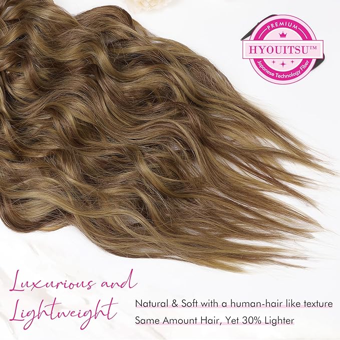 REECHO Clip in Hair Extensions, 4PCS Hair Extensions 24" Thick Long Beach Waves hair extensions Invisible Lace Weft Natural Soft Hairpieces for Women – Medium Reddish Brown with Highlights