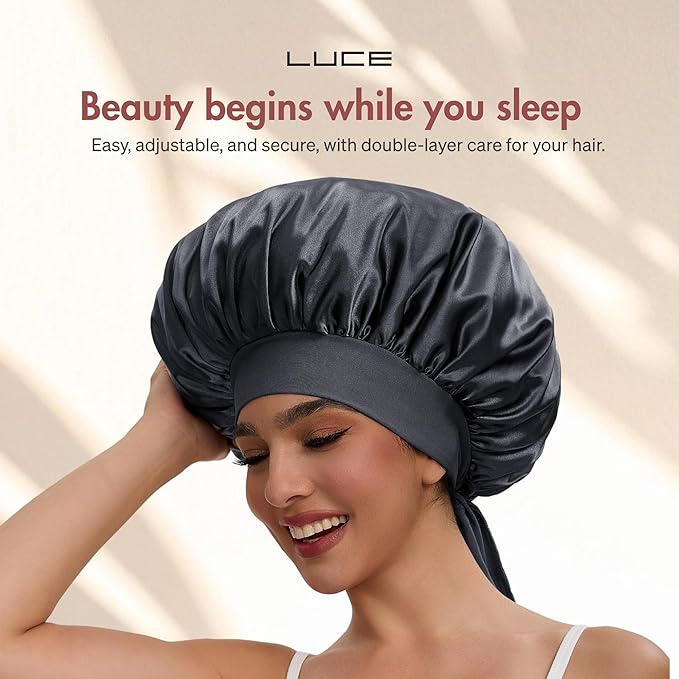LUCE Satin Bonnet for Sleeping – Adjustable Double Layer Hair Cap for Women, Prevents Frizz & Breakage, Comfortable Night Cap
