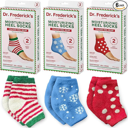 Dr. Frederick's Original Moisturizing Fuzzy Heel Socks - 3 Pairs - Cozy Gel-Lined Sleep Socks for Women & Men - Soothing Dry, Cracked Feet - Cracked Heel Repair (Holiday Special Edition)