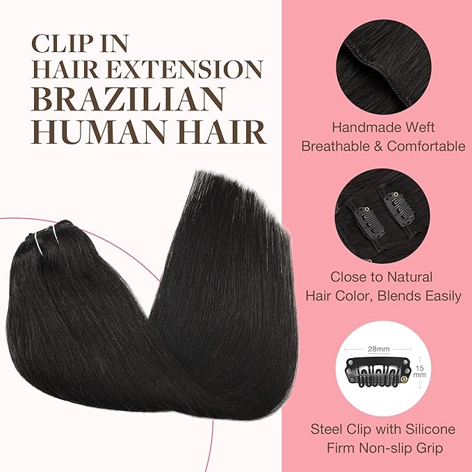 GOO GOO Clip in Hair Extensions Real Human Hair, Remy Human Hair Extensions Clip ins for Women, Natural Human Hair, 26inch 180g 7Pcs, #1B Natural Black
