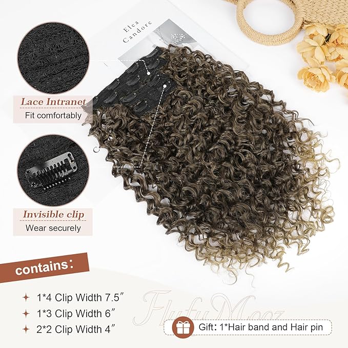 Flufymooz Clip in Hair Extensions, 4PC 100％ Pure Protein Silk Hair Extensions Long Soft Natural Hairpiece 20 Inch Curly Hair Extension for Women Ash Dark Brown to Ligh Brown