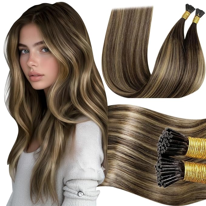 LaaVoo Hair Extension Real Human Hair 20inch I Tip, Balayage Dark Brown to Caramel Brown, 50g 50s