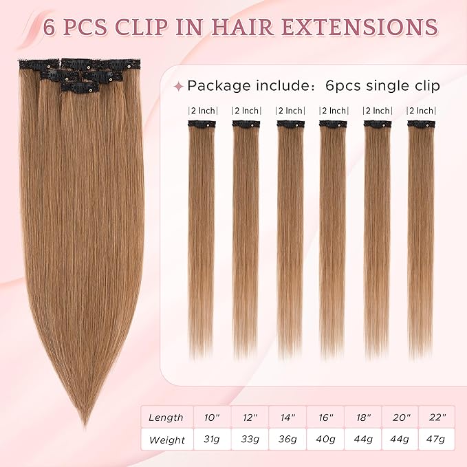 SEGO Single Clip In Hair Extensions Real Human Hair 6 Pcs Individual Clip Ins Remy Straight Soft Seamless Hairpieces for Women -14 Inch #06 Light Brown