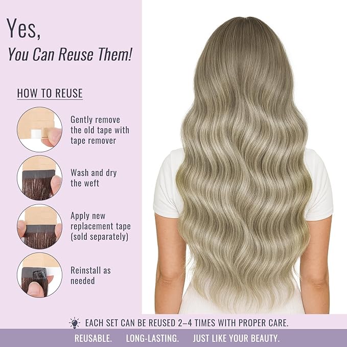 Fshine Tape in hair extensions Balayage Ash Blonde, for Women, Ladies & Girls, 12 Inch Short Tape in Hair Extensions 20 pcs 30 g