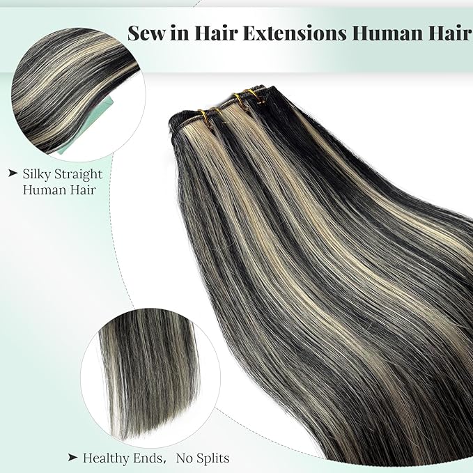 Sew in Hair Extensions Human Hair Black and Blonde Bundles 14 Inch 80G Weft Hair Extensions Real Human Hair #1/613 Black with Blonde Highlights Remy Hair Bundles for Women