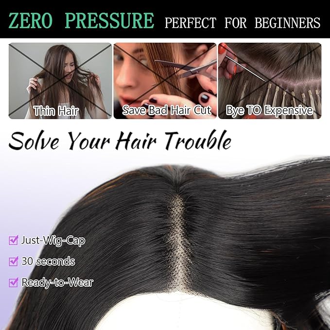 AISI HAIR 14 Inch Black Mix Brown Wigs for Women - Shoulder Length Wave Wig with Pre-Cut Lace Hairline, Middle Part Natural Wavy Bob Synthetic Heat Resistant Fiber for Daily and Party