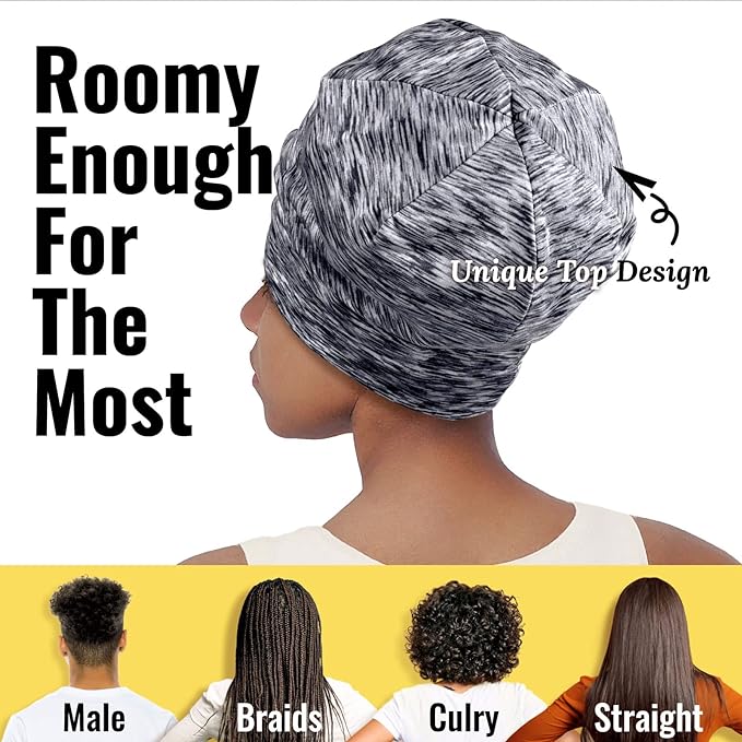 Satin Lined Sleep Cap Bonnet for Curly Hair and Braids, Stay On All Night Hair Wrap with Adjustable Strap for Women and Men, Black and Purple, Pack of 2
