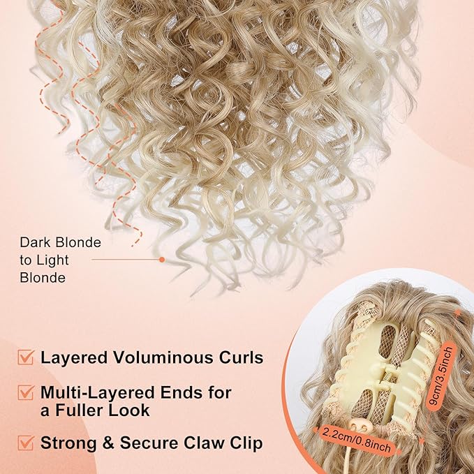 SEIKEA Ponytail Extension, 18" Claw Clip Ponytail Extension Wavy Curly Jaw Clip in Ponytail Hair Extensions Fluffy Natural Soft Fake Pony Tails Synthetic Hairpiece Dark Blonde to Light Blonde