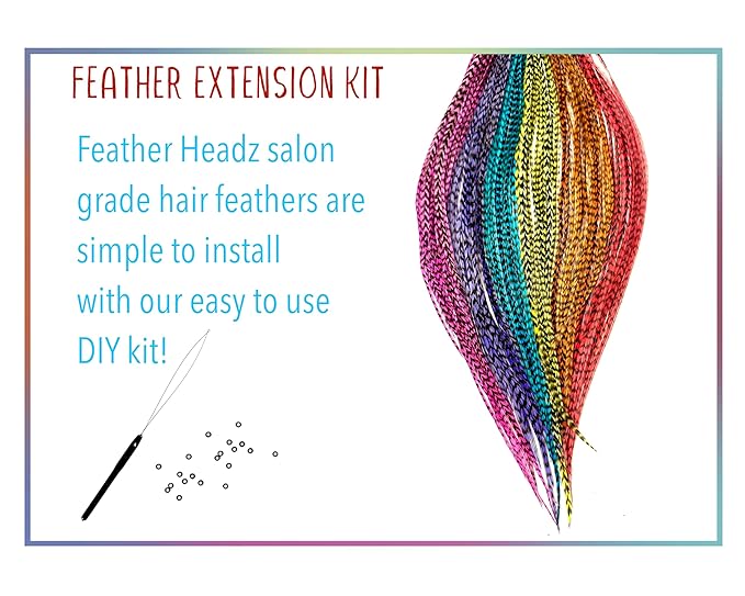 21 Rainbow Grizzly Color Hair Extensions – 9”–14” Long – DIY Rooster Kit with 20 Micro-Link Beads – 100% Real Feathers – Eye-Catching Boho Style