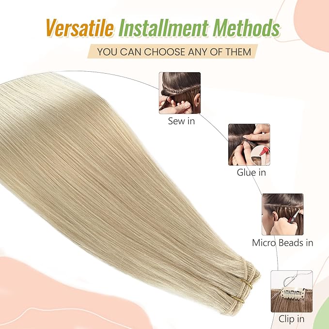 Human Hair Extensions Sew in Blonde Weft 120g Thick Full Hand Tied Platinum 24 Inch Can Be Dyed - Real Human Hair for Women