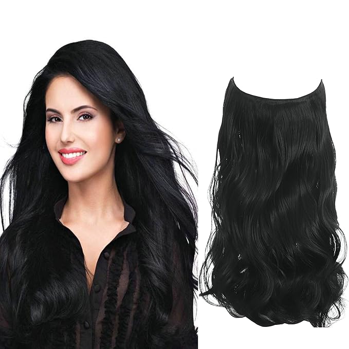 Invisible Wire Hair Extensions Transparent Wire Adjustable Size 4 Secure Clips Long Wavy Curly Secret Hairpiece 18 Inch for Women