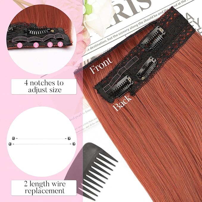 Invisible Wire Hair Extensions Layered Long Wavy Hairpiece for Women Transparent Wire Adjustable Size 6 Secure Clips Invisible Headband Hair Extension Auburn Color 20 Inch
