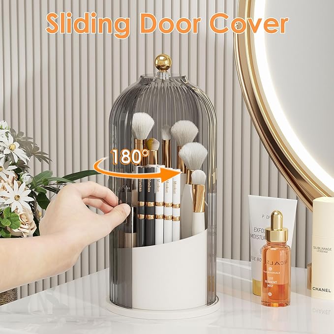 Makeup Brush Holder with Lid 360 Rotating Clear Dustproof Make Up Organizers for Vanity Bathroom Countertop, Gray