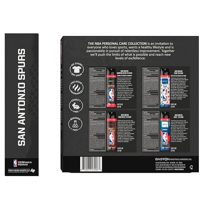 Above NBA – San Antonio Spurs Deodorant Gift Set – A Giftable Set for Spurs Fans – Antiperspirant Spray, 4 Signature Scents, 72h Protection, Dry Spray, No Stains – 5.07 oz, Pack of 4