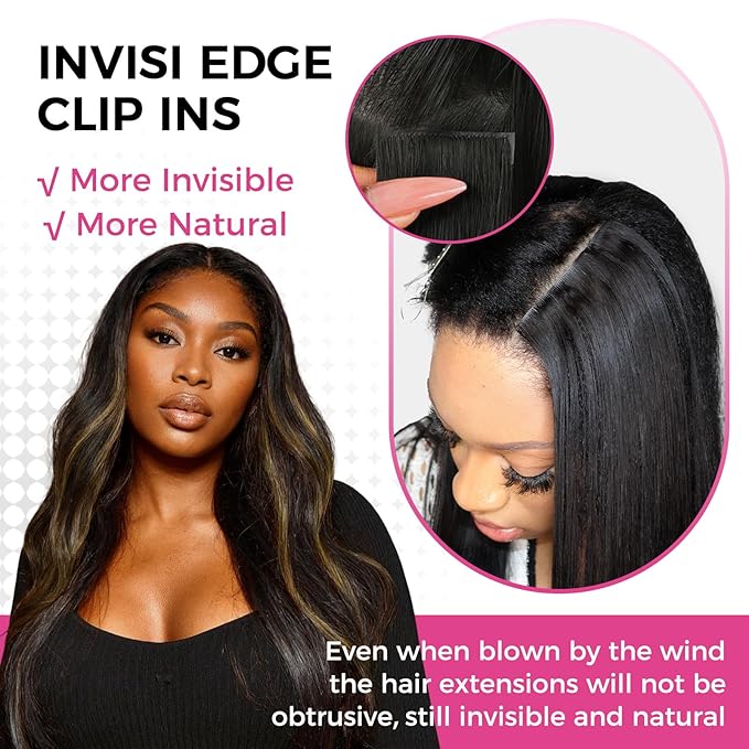 Lashey Invisi Edge Clip in Hair Extensions 18 Inch 110g 7pcs Injected Seamless PU Clip in Hair Extensions Virgin Human Hair, Natural Black Mixed Chestnut Brown Straight Hair