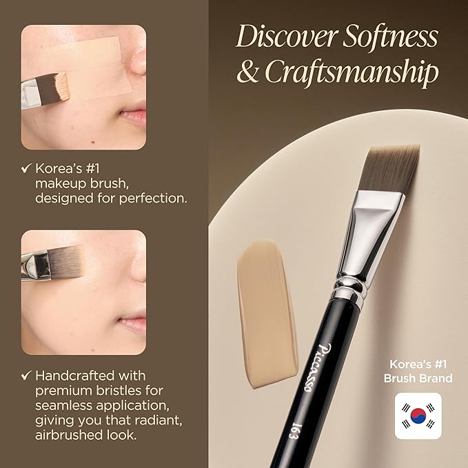 Piccasso Flawless Adherence Set – 163 Foundation Brush + 6P Latex Round Makeup Sponges, Korean Beauty Tools for Natural Glow & Smooth Base, Perfect for Dewy or Matte Finish
