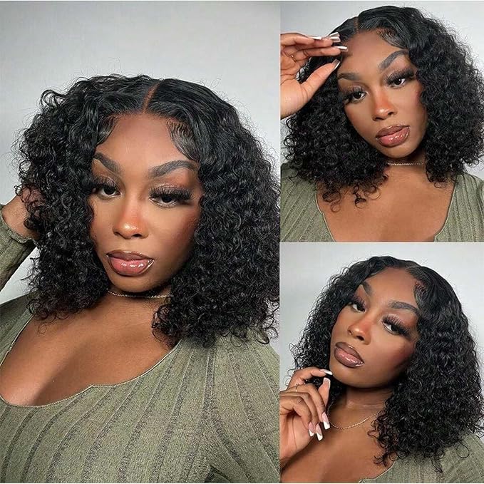 Glueless Wigs Human Hair Pre Plucked Pre Cut Deep Wave Bob Wig Human Hair 4x4 HD Lace Closure Wigs for Beginners 180% Density Natural Color 10 inch