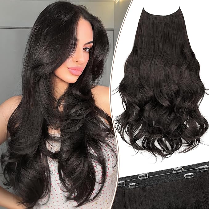 KooKaStyle Invisible Wire Hair Extensions 24‘’ Long Wavy Layered Synthetic Clip in Hair Extensions with Transparent Wire Adjustable Size 6 Secure Clips Dark Brown Thick Hairpieces for Women 24Inch