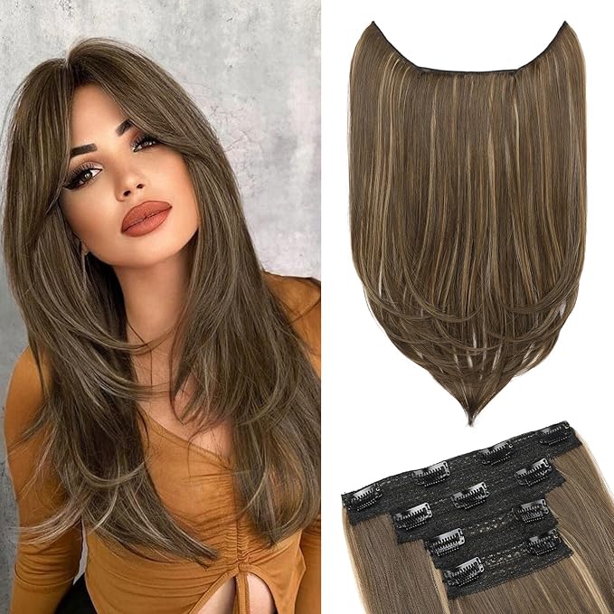 Hair Extensions, 4PCS 18" Clip in Hair Extensions Layered Cut Natural Lightweight Hairpieces with Thinner Softer Invisible Weft for Women - Chocolate Brown with Highlights
