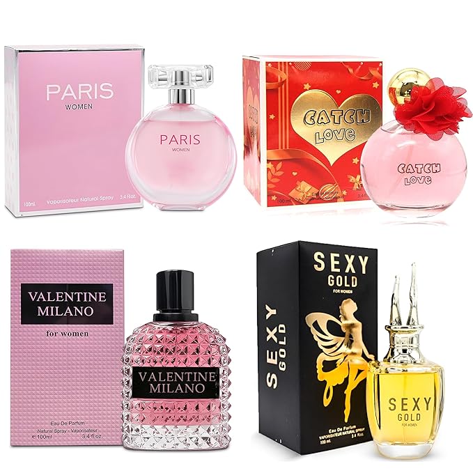 4PCS Perfume Set for Women - Floral Fragrance Gift Set with Vanilla,Sweet Fruity, Eau De Parfume| 3.4 Fl Oz Each Women's Cologne(Valentine Milano,Sexy Gold,Catch Love)