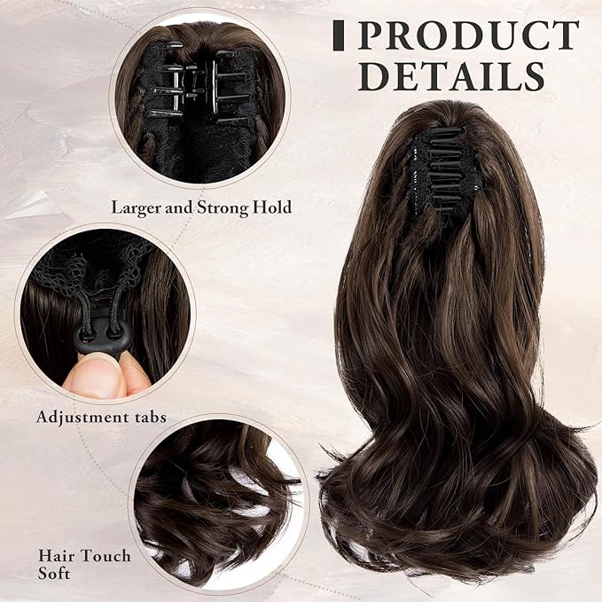 Ponytail Extension,12" Claw Clip in Ponytail Extensions Curly Wavy Ponytail Hair Extension Jaw Clip on Pony Tails Hairpiece for Women - Ligjt Brown8#