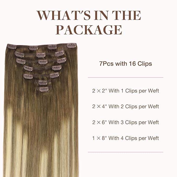 GOO GOO Clip in Hair Extensions Real Human Hair, Remy Human Hair Extensions Clip ins for Women, Natural Human Hair, 26inch 135g 7Pcs, 3/8/613 Balayage Walnut Brown to Ash Brown and Bleach Blonde