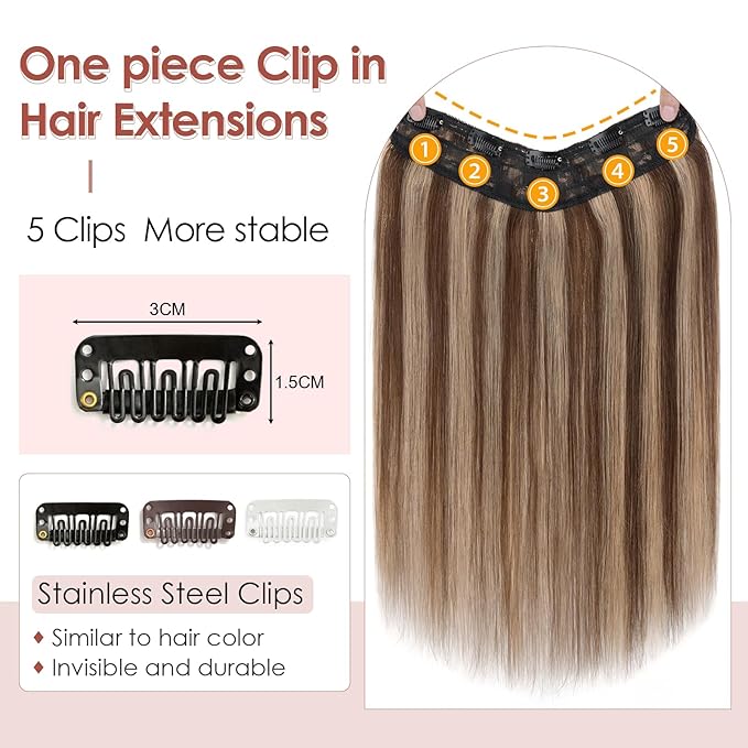 Benehair One Piece Clip in Hair Extensions Real Human Hair 3/4 Full Head V Shaped Weft Thicker Hair Lace Net One Piece Hair Extensions with 5 Clips (22"-75g #4P27 Medium Brown Mixed Dark Blonde)