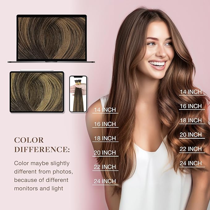 GOO GOO I Tip Hair Extensions Real Human Hair, 20inch 50g 50S, Cold Fusion I Tip Hair Extensions, Invisible Remy Hair Extensions, 2/6/2 Balayage Dark Brown to Chestnut Brown