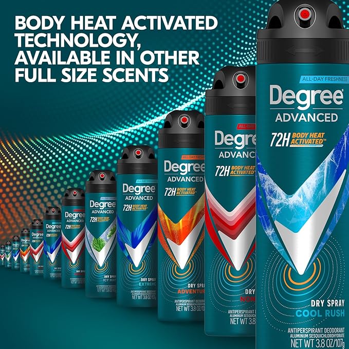Degree Men’s Travel Deodorant Antiperspirant 3-Pack – 72H Advanced Protection Dry Spray, Cool Rush Scent, 1 Oz Ea