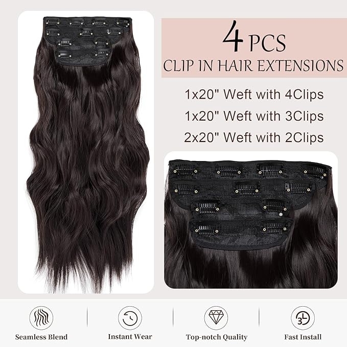 Dark Brown Clip in Hair Extensions 20 Inch Long Wavy Hair Extensions for Women Natural Synthetic Hairpieces 4 Pcs