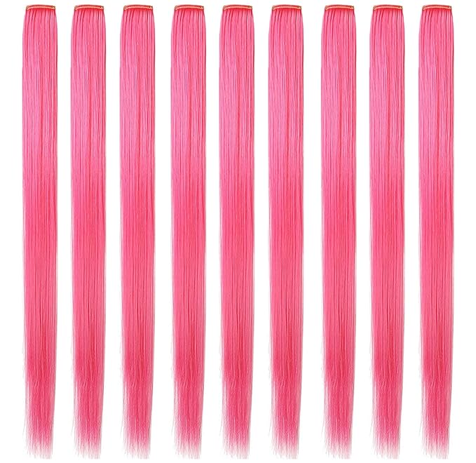 Rhyme 9PCS 21" Colored Clip in Hair Extensions Pink Hair Extensions for Kids Girls Hair Clips Straight Fashion Hairpieces for Party Highlights Hair Accessories (Pink)