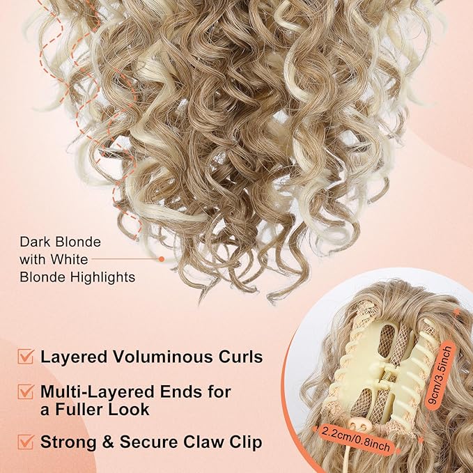 SEIKEA Ponytail Extension, 18" Claw Clip Ponytail Extension Wavy Curly Jaw Clip in Ponytail Hair Extensions Fluffy Natural Soft Fake Pony Tails Synthetic Hairpiece Dark Blonde/White Blonde Highlights