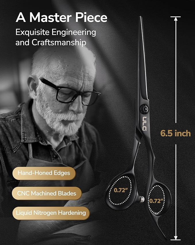 ULG Professional Hair Cutting Scissors 6.5 Inch – Japanese Stainless Steel Barber Shears for Salon & Home Haircut, Ergonomic Offset Handles with Silencer, Hand-Honed Sharp Blades, Matte Black