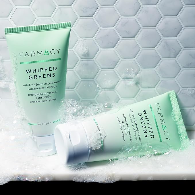 Farmacy Foaming Face Wash for Oily Skin - Whipped Greens Oil-Free Gentle Facial Cleanser + Exfoliator - Infused with Green Clay to Remove Impurities, Control Oil + Maintain Skin Hydration (150ml)