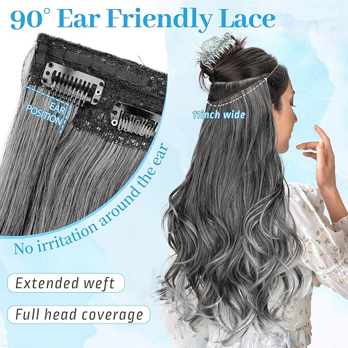 KooKaStyle Invisible Wire Hair Extensions Long Wavy Layered Synthetic Hair Extensions with Transparent Wire Adjustable Size 6 Secure Clips Grey/Sliver Mixed Hairpieces for Women 20 Inch