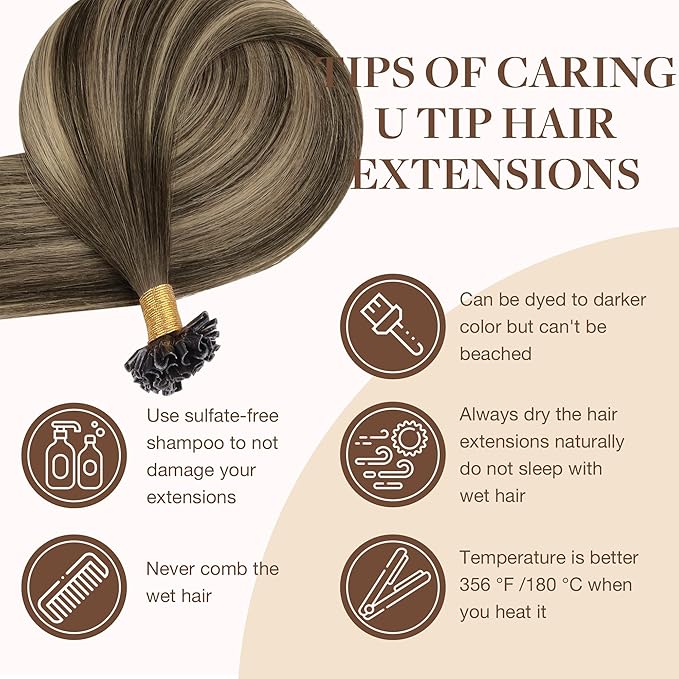 GOO GOO U Tip Real Human Hair Extensions, 14inch 50g 50S, Hot Fusion, Remy Hair, 4/26/4 Balayage Chocolate Brown to Honey Blonde