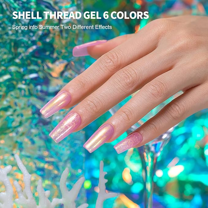 RARJSM Pearl Gel Nail Polish Shell Glitter Pearlescent Shell Gel Polish Set 6 Colors Pink White Green Purple Shimmer Mermaid Swirl Thread Effect Soak Off Curing Requires DIY Manicure Use