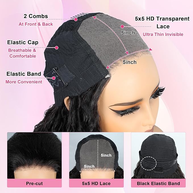Wear and Go Glueless Wigs Human Pre Cut 200% Density Water Wave 5x5 HD Lace Closure Wigs Human Hair with Baby Hair Pre Plucked Natural Hairline Wet and Wavy Wig for Women 24 Inch