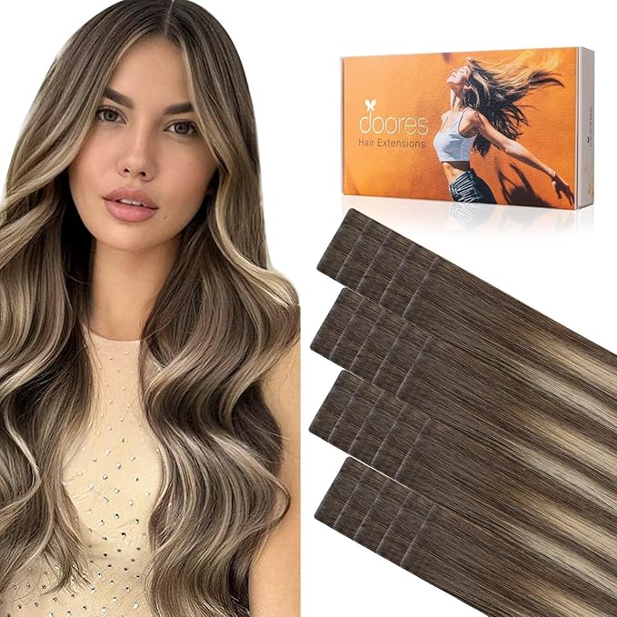 DOORES Invisi Edge Tape-in Hair Extensions, Chocolate Brown to Honey Blonde, 10 Injection Tape-ins, 50g, 14 Inch, Straight