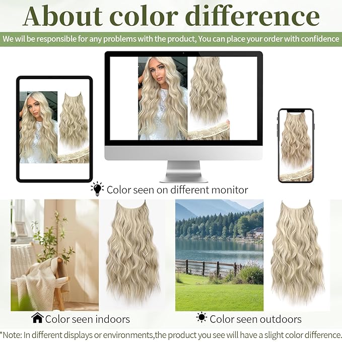 KooKaStyle Invisible Wire Hair Extensions with Transparent Headband Adjustable Size 4 Secure Clips Long Wavy Secret Wire Hairpiece Light Brown mix Platinum Blonde 24 Inch for Women