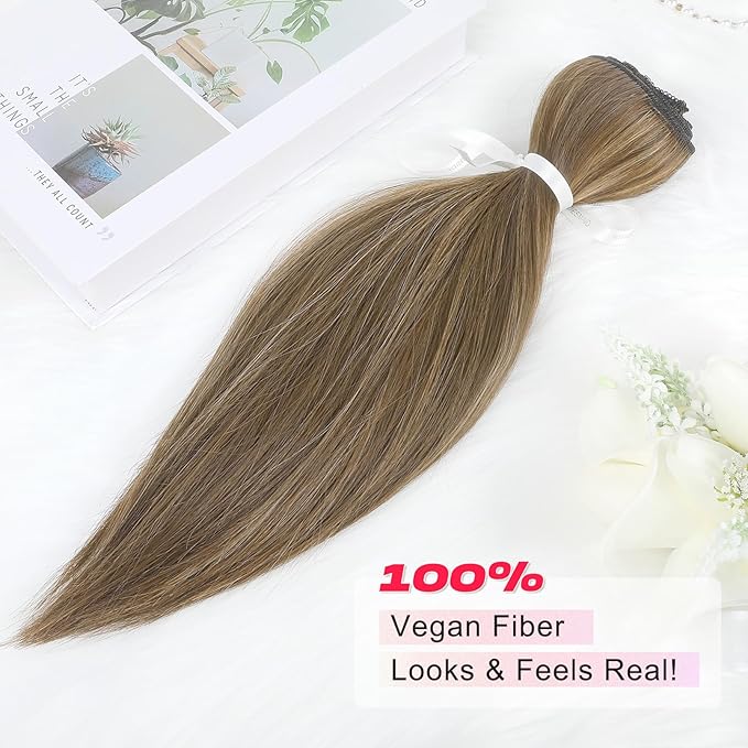 Hair Extensions, 14" Short Clip in Hair Extensions 4PCS Straight Natural Soft Synthetic Hairpiece for Women - Chocolate Brown with Highlights