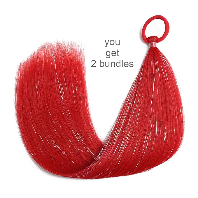 Colored Hair Extensions Red Ponytail Extension 2 Packs, 20 inch Crazy Hair Day Accessories for Women, DIY Festival Wacky Rave Braids,Tinsel Mixed