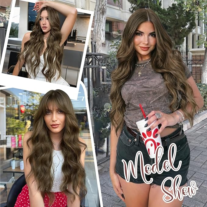 ALXNAN Clip in Long Wavy Synthetic Hair Extension 24 Inch Light Chestnut Brown 4PCS Thick Hairpieces Fiber Double Weft Hair for Women