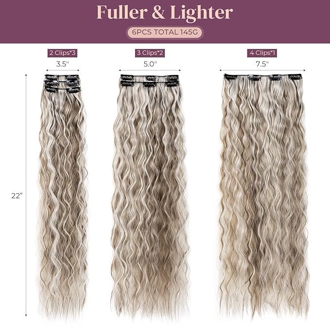 LONAI Clip In Hair Extensions, 6PCS Curly 24" Long Synthetic Clip On Hairpiece For Women Ash Brown with Blonde Highlights