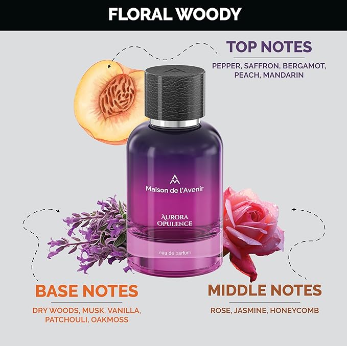 Maison de l'Avenir Aurora Opulence – ZENITH COLLECTION | Floral Woody Fragrance | Unisex Cologne & Perfume | Natural & Essential Oils | Eau de Parfum (36 Hours) | Made in UAE | 100ml / 3.4 fl. oz.