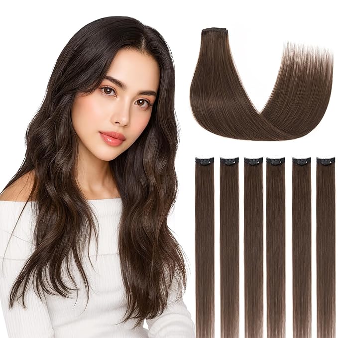 Clip in Hair Extensions Real Human Hair for Women, 20 Inch 44g 6pcs, Dark Brown, Straight - Highlight, Add Volume and Length for Daily Wear, Parties, Weddings