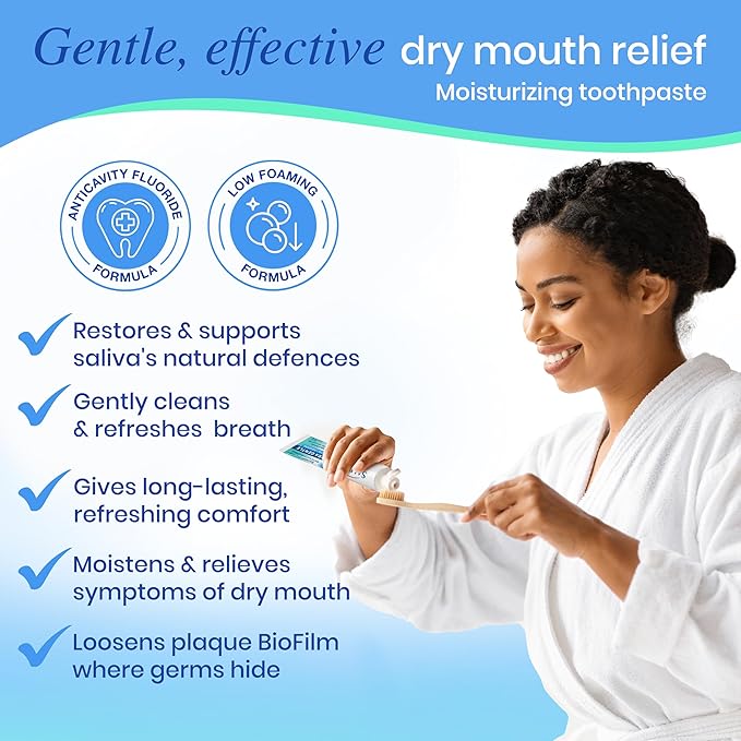 SALIVEA Gentle Toothpaste for Dry Mouth Care, 4.3 oz Tube, Anticavity with Fluoride, Natural Salivary Enzymes, Vitamin E & Aloe Vera, Cleans, Moisturizes & Refreshes Breath, Soothing Mint Flavor